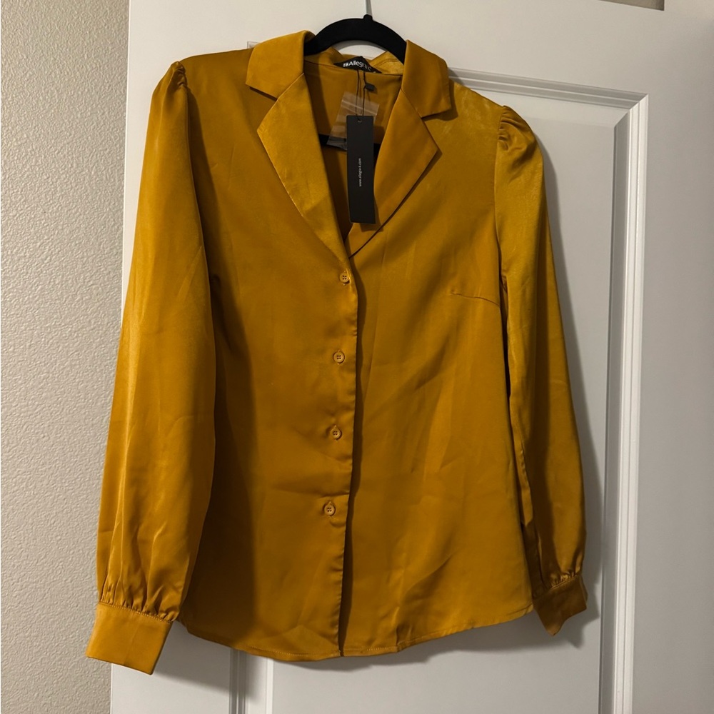 Allegra K Mustard Button-Up Blouse